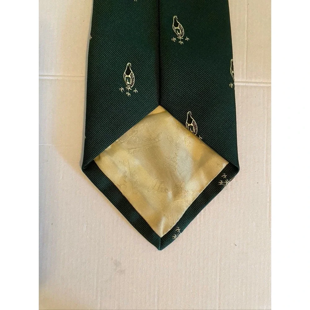 Alec Brook London Mens Green Gold Bird Pheasant Embroidered Tie Made in England